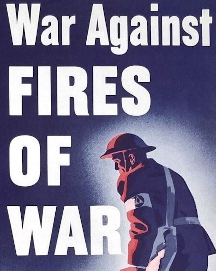 "War Against Fires of War with the Fire Guard" Vintage WWII Civilian Defense Volunteer Poster by Fink, 1943 - The Great Republic