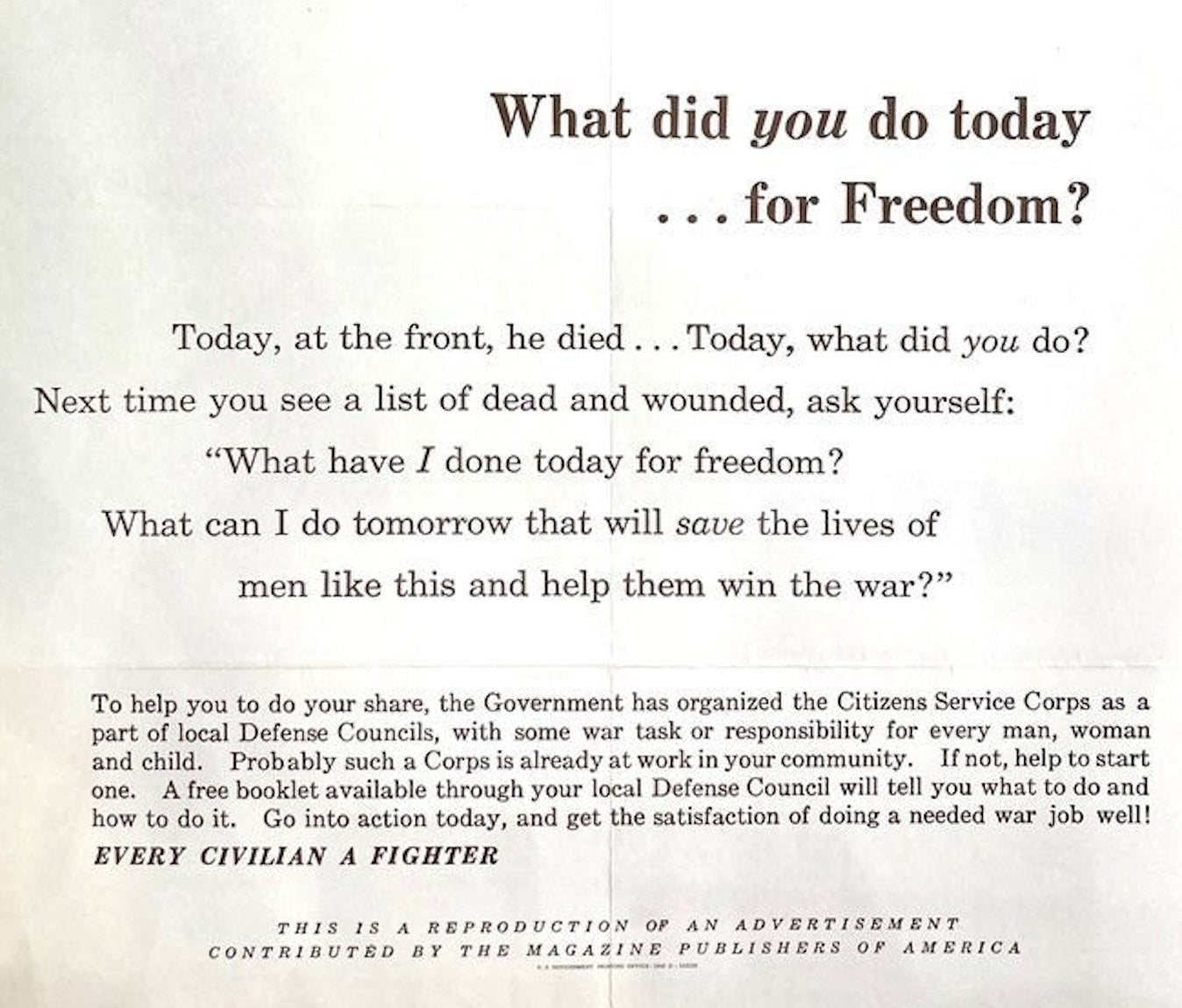 "What did you do today...for Freedom?" Vintage WWII Recruitment Poster, 1943 - The Great Republic