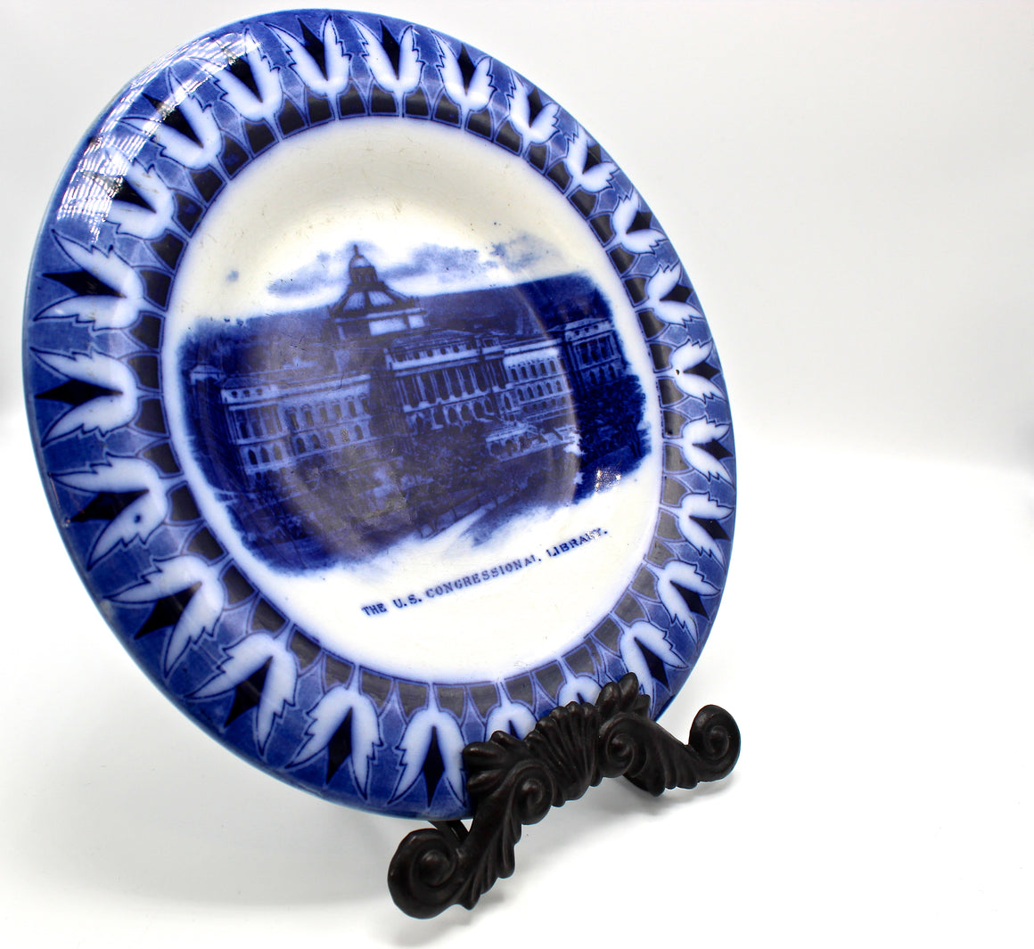 The U.S. Congressional Library Flow Blue Commemorative Plate by Frank Beardmore & Co. for Geo. H. Bowman Co., Early 20th Century