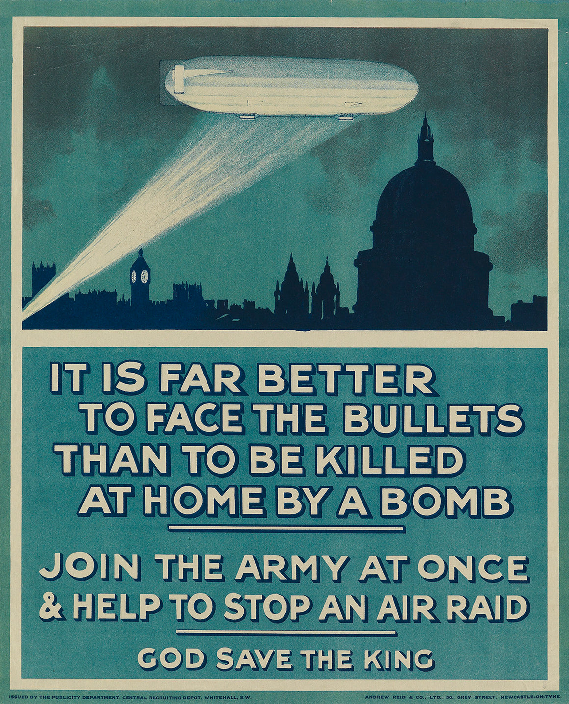 "Join the Army at Once & Help to Stop an Air Raid" Vintage British WWI Poster, 1915