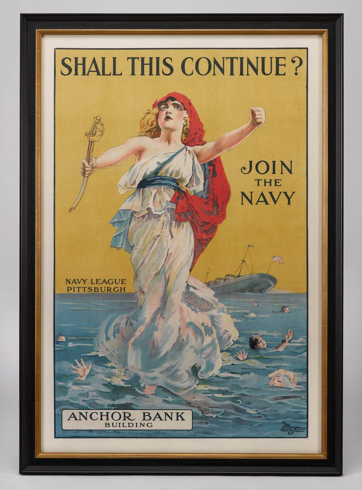 "Shall This Continue? Join the Navy" Vintage Navy Recruitment Poster, circa 1916