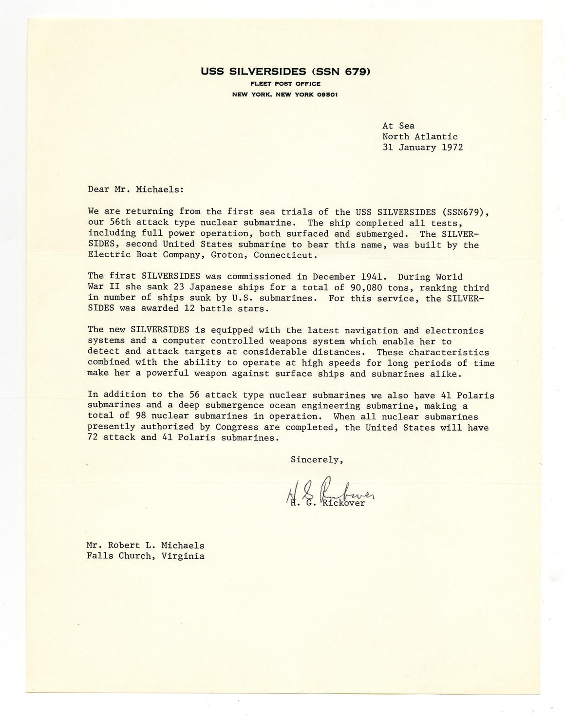 Hyman G. Rickover Signed Letter to Robert L. Michaels, 1972