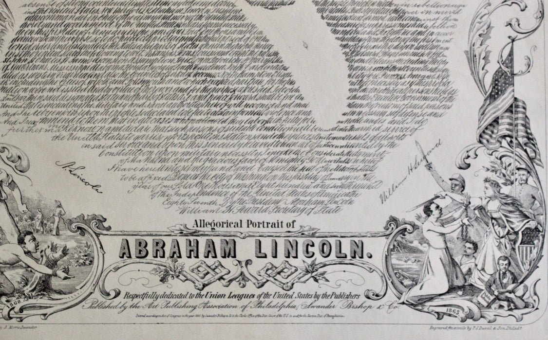 1865 "Emancipation Proclamations. Allegorical Portrait of Abraham Lincoln" Engraving by Swander, Bishop & Co. - The Great Republic