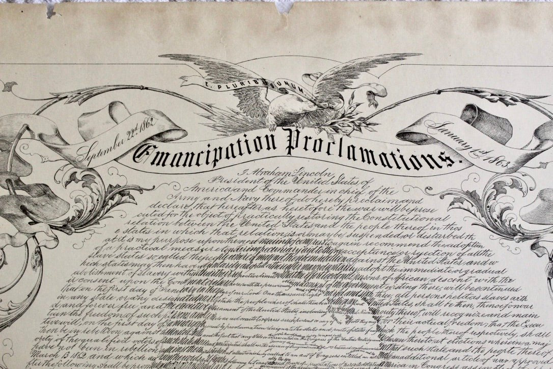 1865 "Emancipation Proclamations. Allegorical Portrait of Abraham Lincoln" Engraving by Swander, Bishop & Co. - The Great Republic