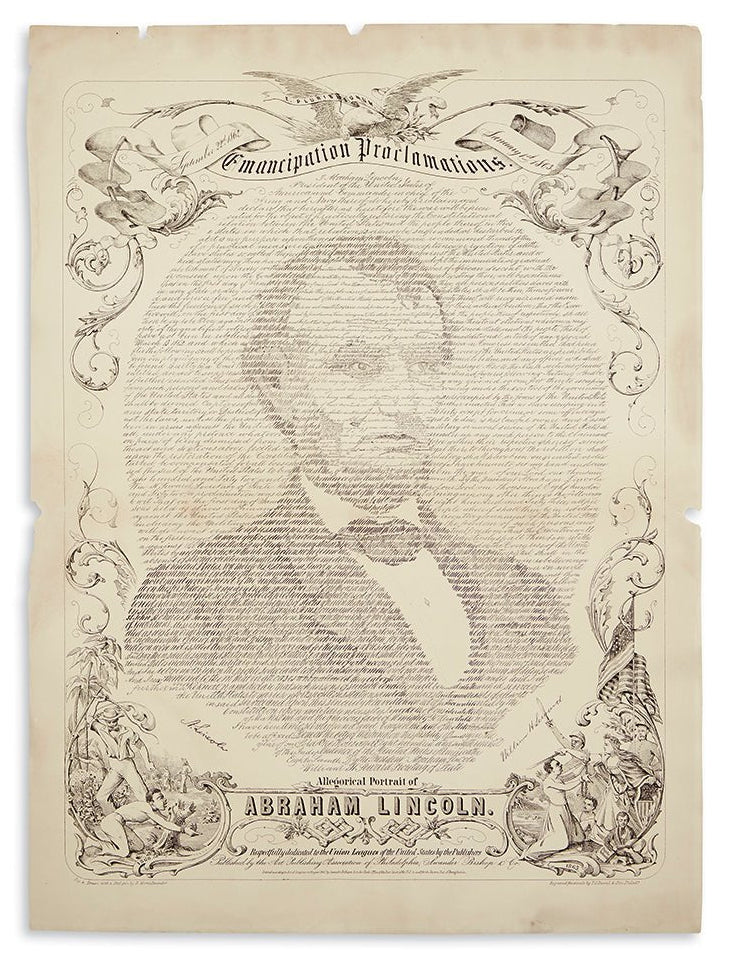 1865 "Emancipation Proclamations. Allegorical Portrait of Abraham Lincoln" Engraving by Swander, Bishop & Co. - The Great Republic
