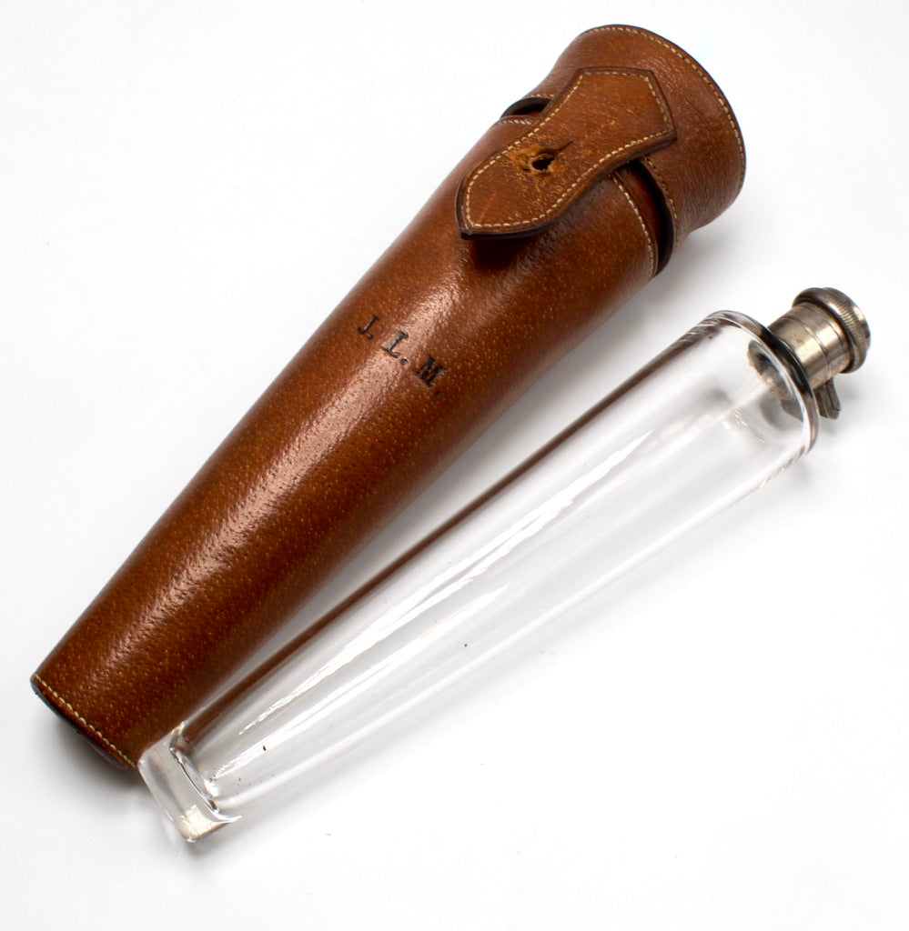 British Glass and Silver Riding Flask with Leather Case, Circa 1900-1930 - The Great Republic