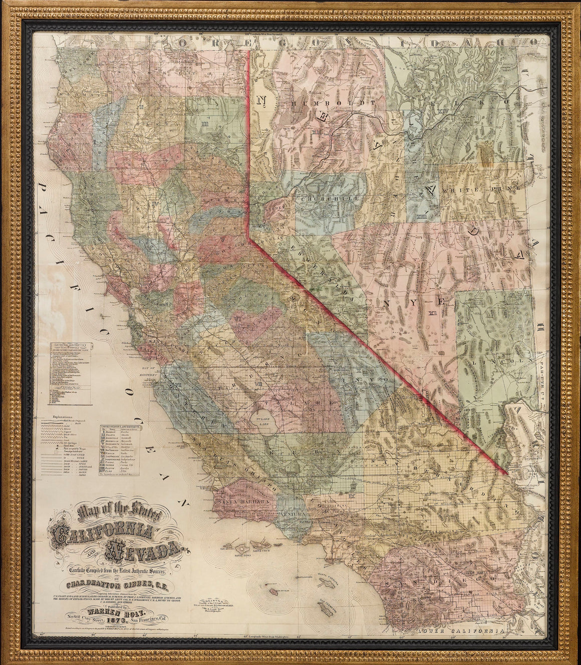 1873 "Map of the States of California and Nevada. Carefully Compiled from the Latest Authentic Sources" by Chas. Drayton Gibbes