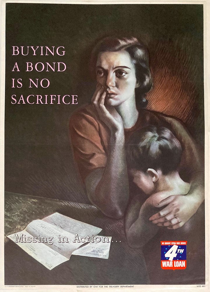 "Buying A Bond Is No Sacrifice" Vintage WWII 4th War Loan Treasury Poster, 1943