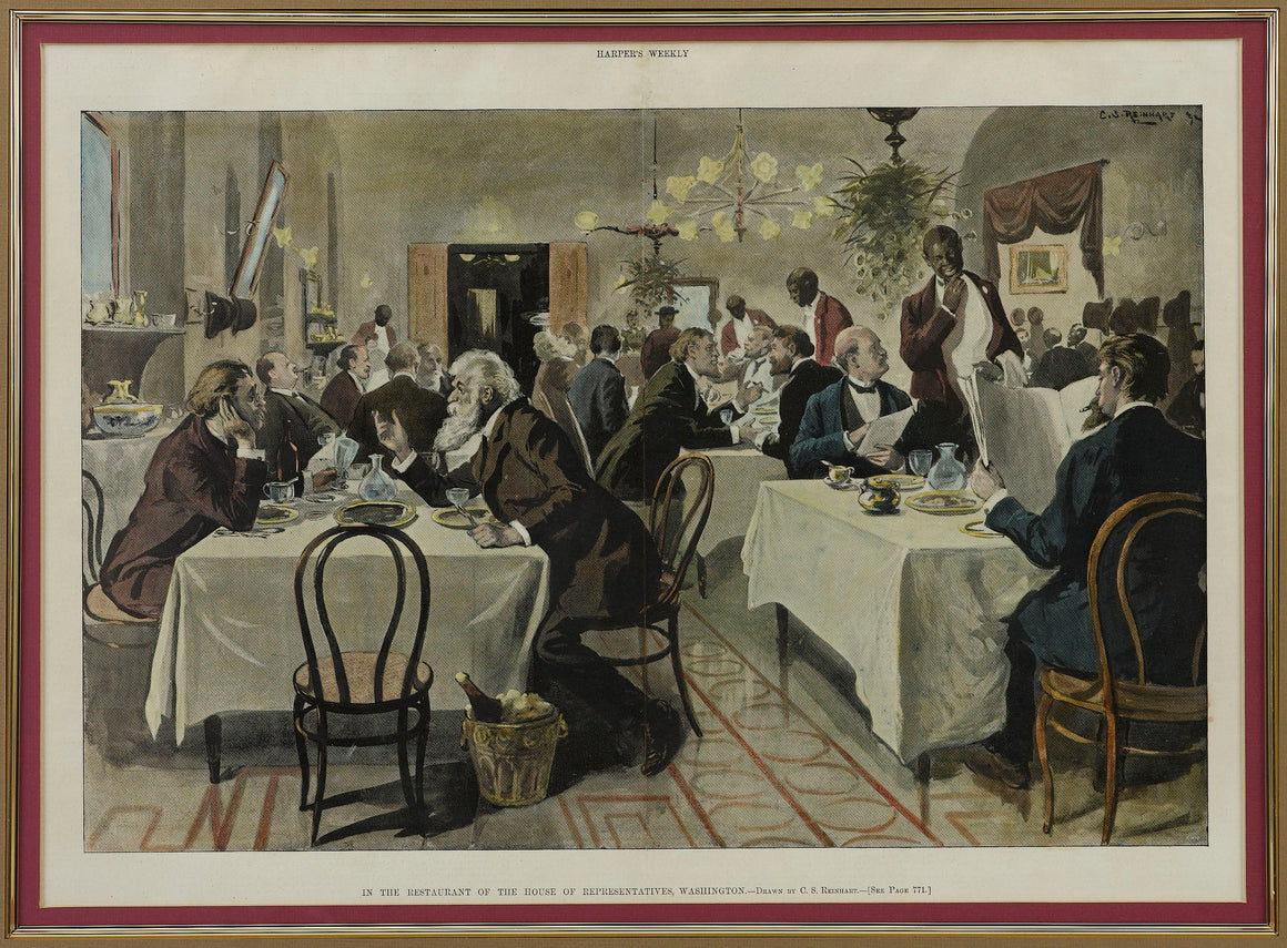 “The Restaurant of the House of Representatives” Wood Engraving by Harper's Weekly, 1893