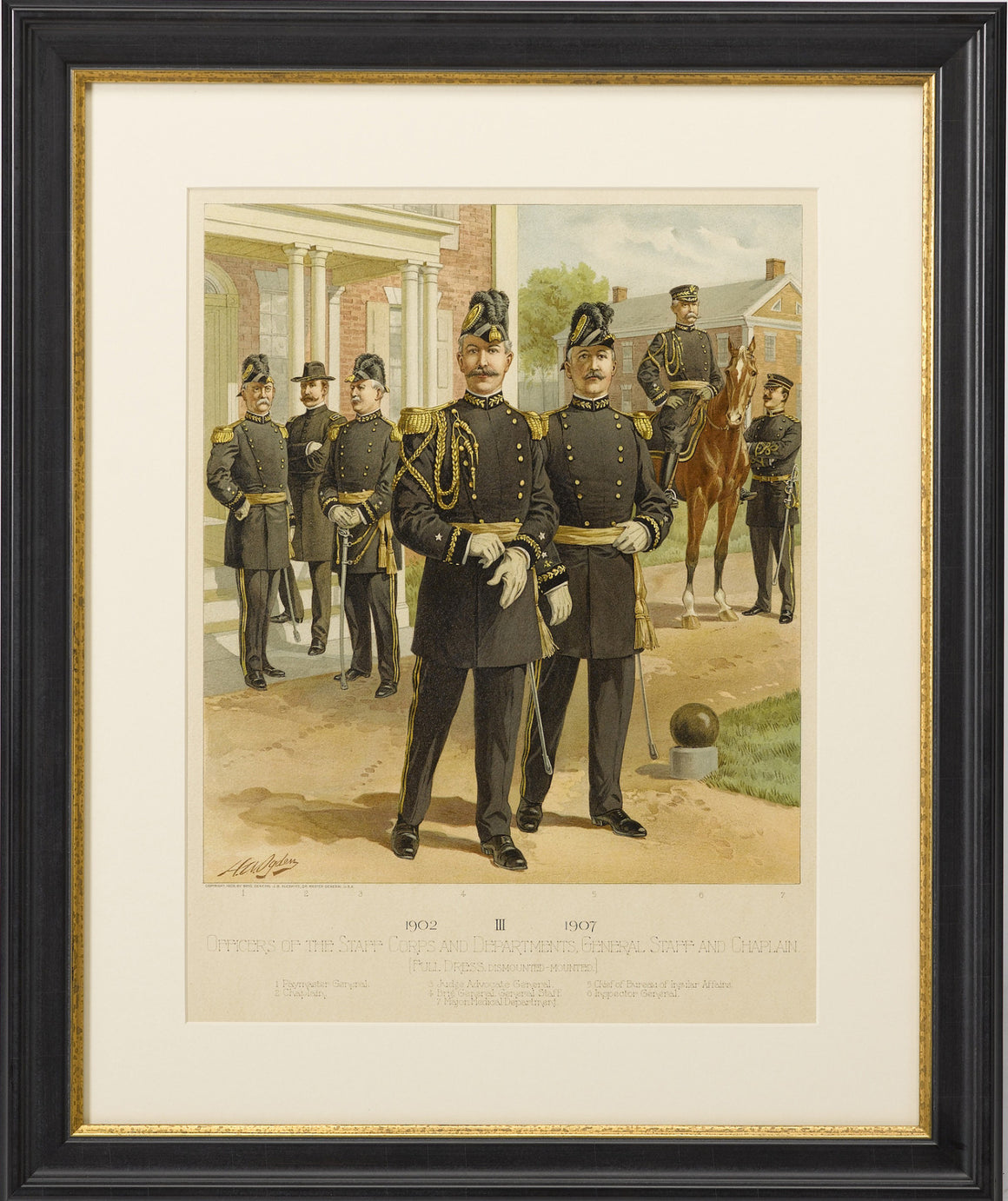 1908 "1902-1907 Officers of the Staff Corps & Departments, General Staff and Chaplain in Full Dress" Chromolithograph by C. Ogden - The Great Republic