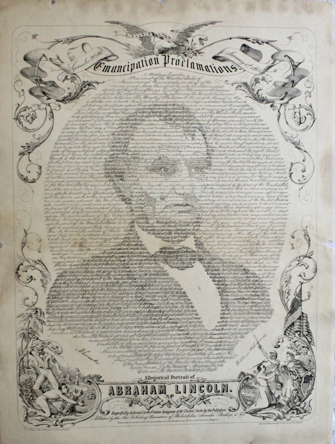1865 "Emancipation Proclamations. Allegorical Portrait of Abraham Lincoln" Engraving by Swander, Bishop & Co.