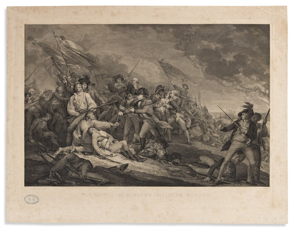 "The Battle of Bunker's Hill, Near Boston" Engraving by James Mitan, after Trumbull, 1801