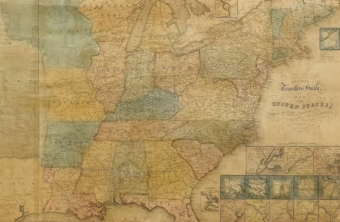 1845 Ensign's Travellers' Guide and Map of the United States, Hand-Colored Wall Map
