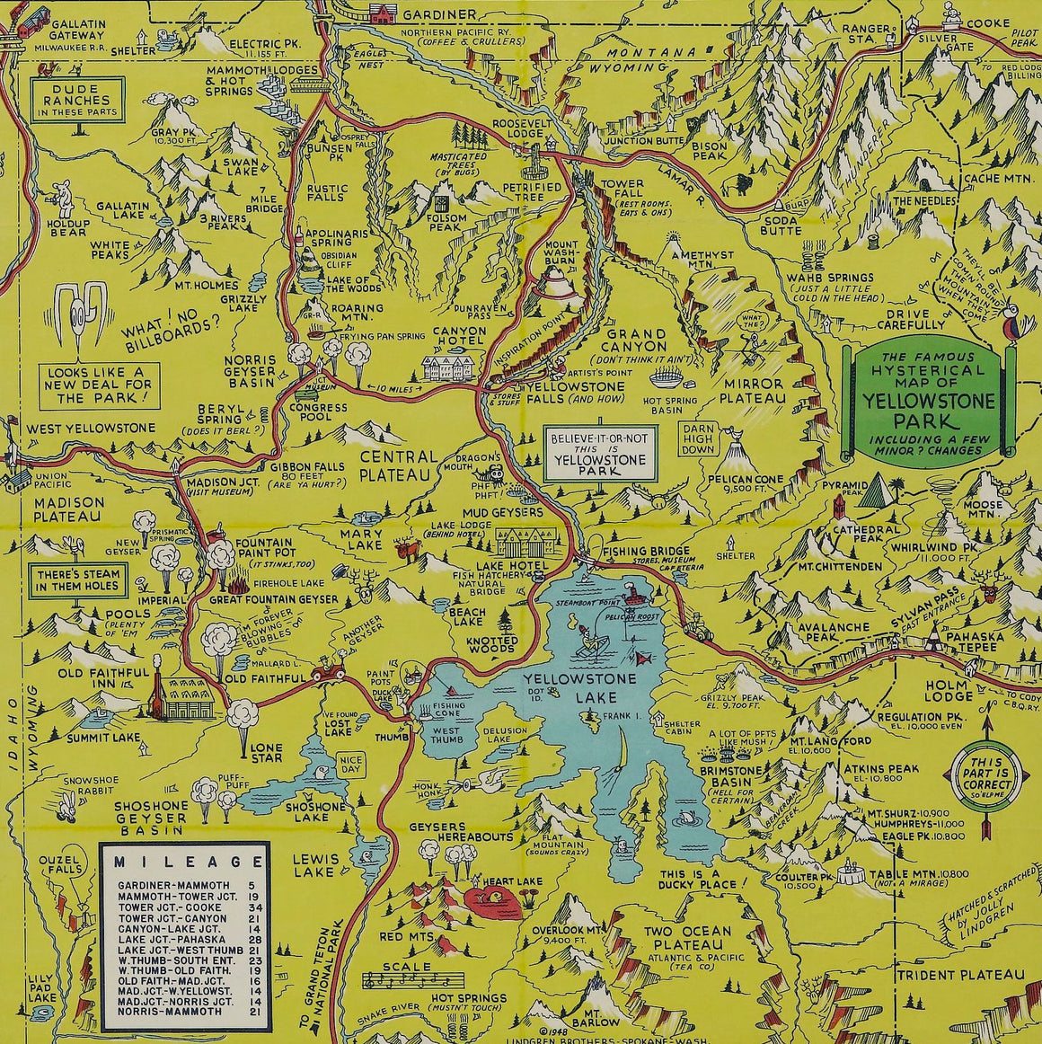 1948 "A Hysterical Map of Yellowstone National Park" by Jolly Lindgren, Second Edition Printing